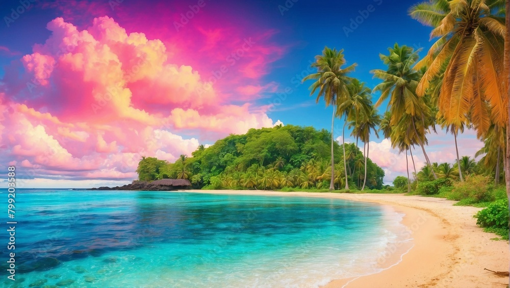 vibrant natural beach on Samoa Island with palm tree and flame