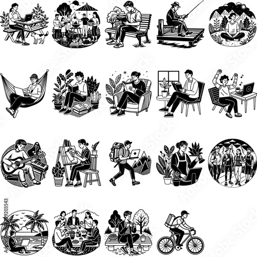 Assortment of vector drawings depicting various individuals engaged in hobbies and leisure activities in black and white.