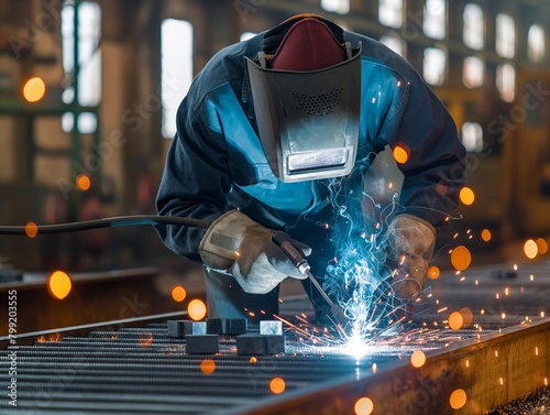 A man in a welding mask is working on a piece of metal. Concept of hard work and dedication, as the man is focused on his task despite the potential dangers of welding