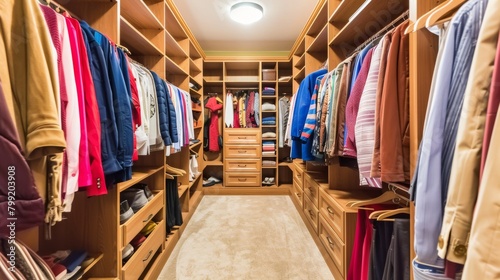 Elegant walk-in closet featuring an array of organized clothing and accessories