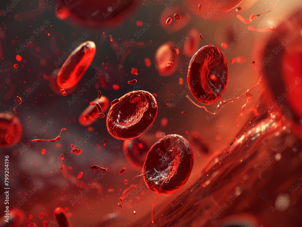 Fototapeta premium Abstract Illustration of Erythrocytes in Bloodstream, Symbolizing Vitality and Microscopic Biological Dynamics. Red blood cells in vein.
