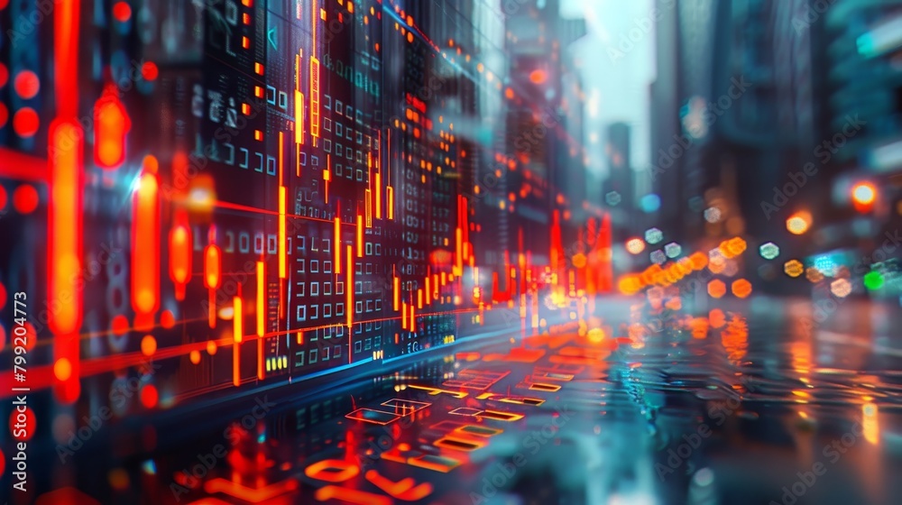 The image is of a city street with red and blue lights. The street is wet and reflecting the lights. The image is blurry and out of focus.