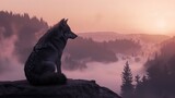A solitary wolf gazing pensively over a tranquil, mist-covered valley at dawn.