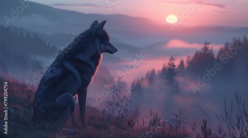 A solitary wolf gazing pensively over a tranquil, mist-covered valley at dawn. photo