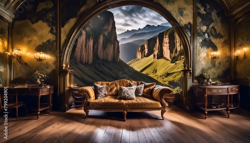 a decadent room with illusory wallpaper, in a beautiful, dimly lit film scene obscured by a tectonic crater, scene emphasized through intense lighting and shadow juxtaposition