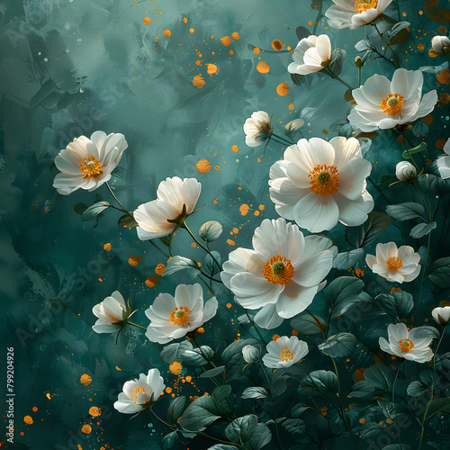 Whimsical Wildflower Illustration - Dark Green Emerald Background with Empty Space and Copy Space
