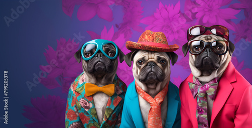 Fototapeta Naklejka Na Ścianę i Meble -  Creative animal concept. Group of pug dog puppy in funky Wacky wild mismatch colourful outfits isolated on bright background advertisement, copy space. birthday party invite invitation banner	
