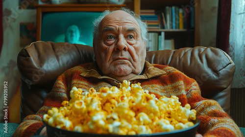 An old man sitting on the couch with a bowl of popcorn 