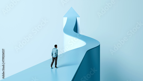 Onwards and Upwards, Path to Success, Man Walking on Arrow, Career Growth and Success, 3D render