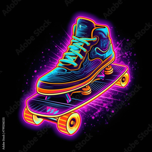 Skateboard Neon: 80s Style Design for T-Shirt photo