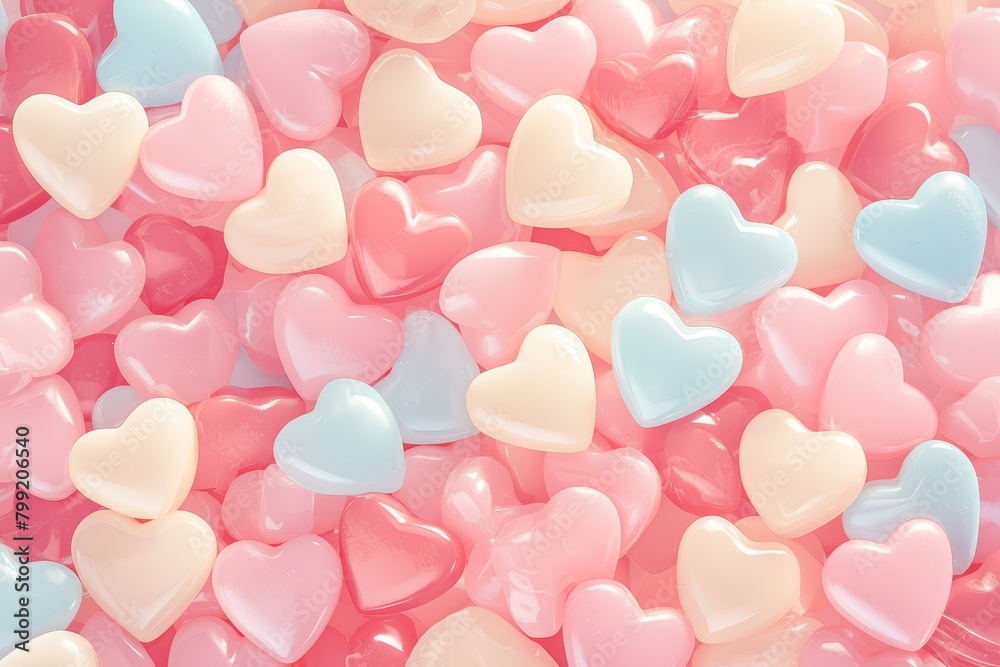 Colorful heart shaped candy in the style of kawaii cute pastel background. A large pile of colorful, shiny and bright hearts. Colorful heart shaped candies. 