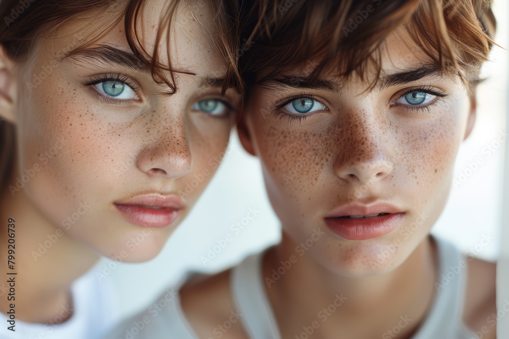 Closeup of Serene Siblings with Blue Eyes and Natural Beauty, Intense Gaze of Youthful Twins, Elegance in Symmetry
