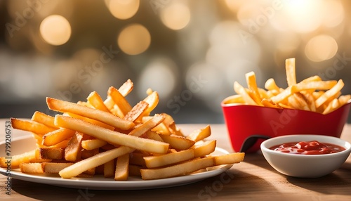 French fries on a plate with a cup of sauce beside  commercial photo for marketing uses  bokeh lights effect in the background  fast food cuisine photo 