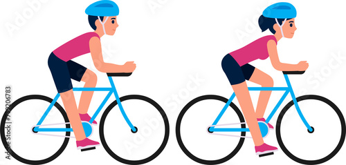 Man and woman riding racing bicycles illustration. Male and female sports cyclists, simple cartoon style. © sudowoodo