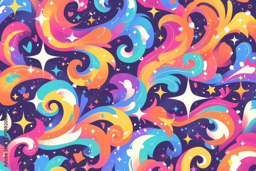 Colorful psychedelic background with swirling waves and stars vector illustration. Colorfull cartoon pattern for wallpaper, cover design or packaging paper background. 