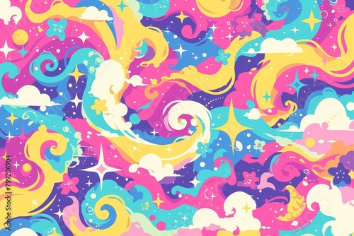 Colorful psychedelic background with swirling waves and stars vector illustration. Colorfull cartoon pattern for wallpaper  cover design or packaging paper background. 