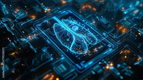 Circuit board with a glowing blue and yellow digital lungs.