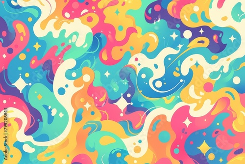 Colorful psychedelic background with swirling waves and stars vector illustration. Colorfull cartoon pattern for wallpaper  cover design or packaging paper background.