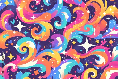 Colorful psychedelic background with swirling waves and stars vector illustration. Colorfull cartoon pattern for wallpaper  cover design or packaging paper background. 