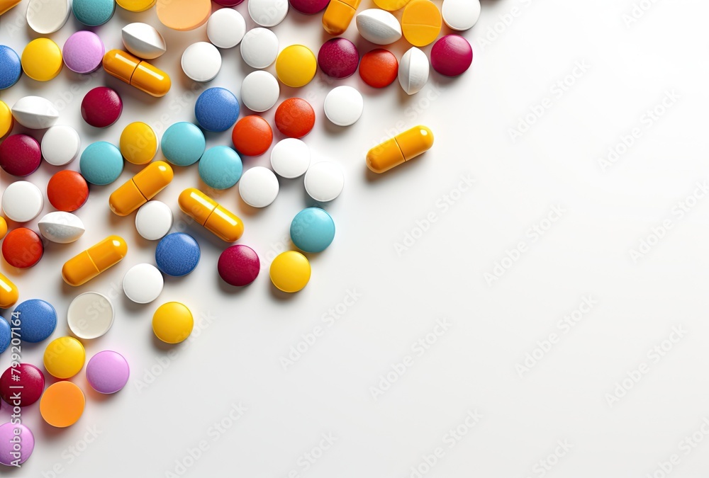 Colorful pills isolated on white background. Top view with copy space Colorful pills isolated on white background. Top view with copy space