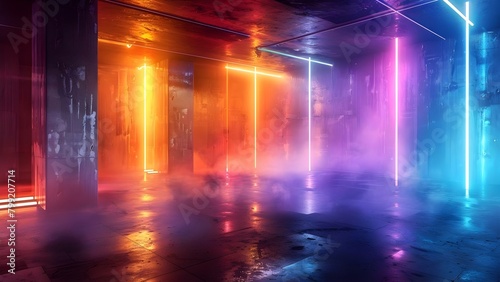 Futuristic scifi garage with neon lights lasers and concrete 3D rendering. Concept Futuristic, Sci-fi, Garage, Neon Lights, 3D Rendering © Ян Заболотний