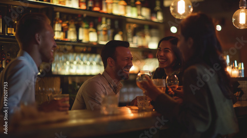 Colleagues sharing laughter and stories over drinks at the bar. Happiness, love, trust, relaxation