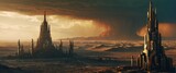 Futuristic spires rise from the desert as a storm looms in the golden dusk light