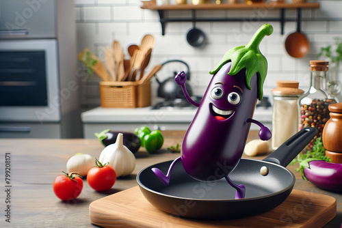 cartoon vegetable is standing on a frying pan with a smile on its face