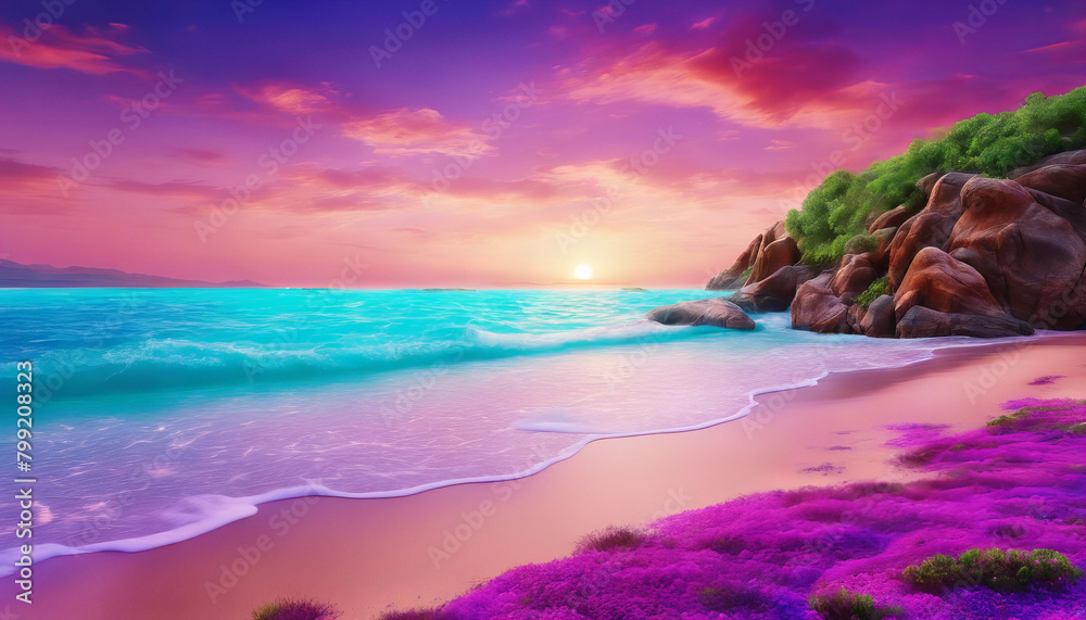 A beautiful beach with purple and pink sky and a purple and pink ocean