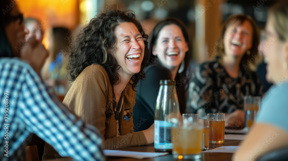 Employees laughing together as they enjoy a round of trivia at the pub. Happiness, love, trust, relaxation