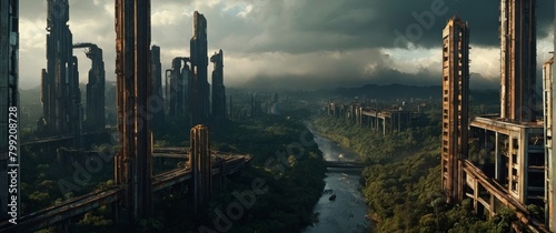 Towering remnants of a futuristic society, overrun by nature, stand under a brooding sky photo