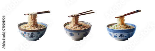 Set of a bowl of noodle with some of the noodle suspended by a pair of chopstick, illustration, isolated over on transparent white background photo