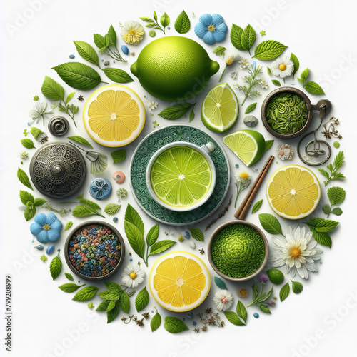 round design of fruits and herbs, including lemons, limes, and mint