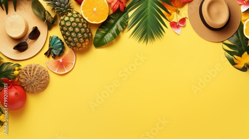 Vibrant summer sale banner featuring beach accessories and tropical fruits on a bright yellow background, photo