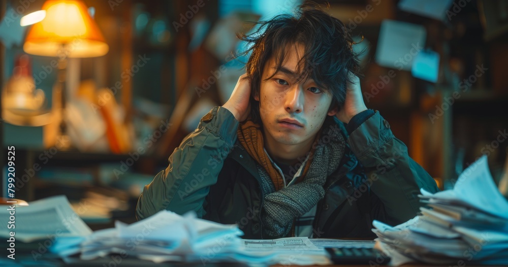 Stressed Native American Accountant Overwhelmed with Financial Pressure at Home Office，A worried man checking financial documents at home and reflecting on broken finances, bills and credit issues