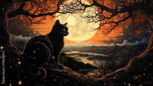A black cat is sitting on a branch of a tree in front of a full moon. The background is a dark orange sky with a few stars. The cat is looking at the moon. photo