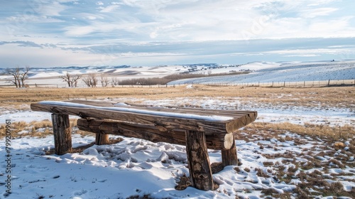 A wooden bench and table made by hand set against a vast snowy field