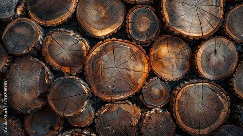 A large pile of wood logs. The logs are arranged in a circular pattern  with some overlapping each other. Scene is rustic and natural