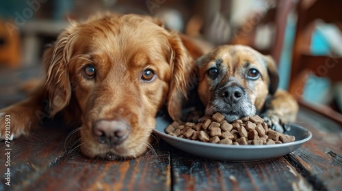 Two dogs staring at a bowl of food © Nic