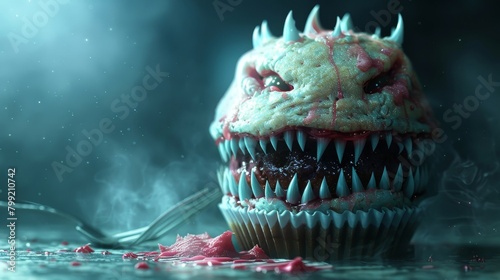 The cupcake monster is a terrifying creature that is sure to give you nightmares. With its sharp teeth and claws, it's clear that this cupcake is not to be trifled with. photo