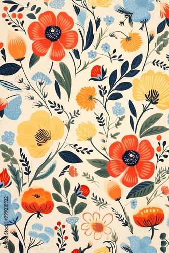 Vibrant naive flowers pattern, flat illustration, on ecru background ,  seamless pattern © Amina