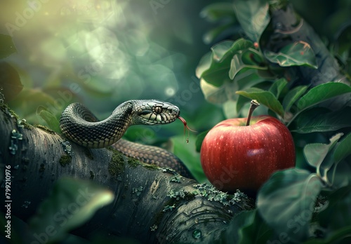 Snake in a apple tree next to a red apple representing original sin photo