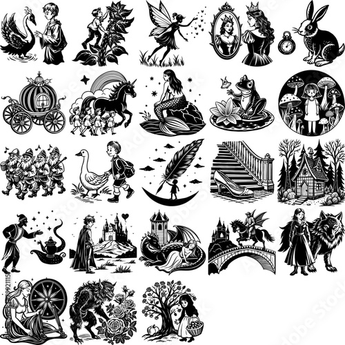 A collection of various black and white fairy tale vector illustrations.