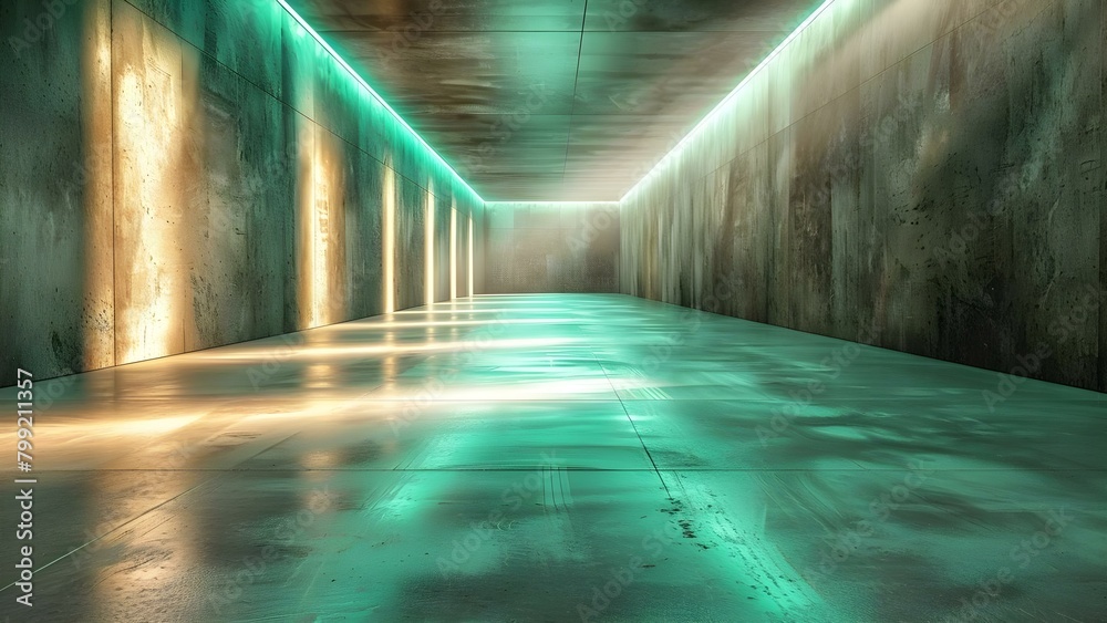 Industrial room with green LED lights in modern concrete hallway. Concept Interior Design, Lighting Solutions, Industrial Decor, Concrete Interiors, Green LED Lighting