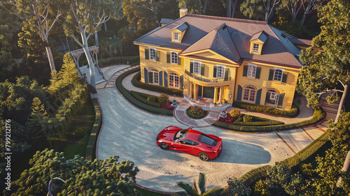 Aerial shot of a mustard yellow classic house with a circular driveway and a red sports car parked in front. photo