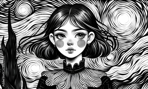 Young Girl Amidst Swirling Patterns