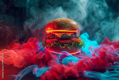 An Angus beef burger under the spell of captivating gaze-like projection lights, with neon hues of cyan, red, and blue wrapping around it, creating a mesmerizing effect. 