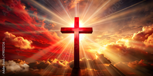 cross on calvary on a background of red light rays, Easter religious background
