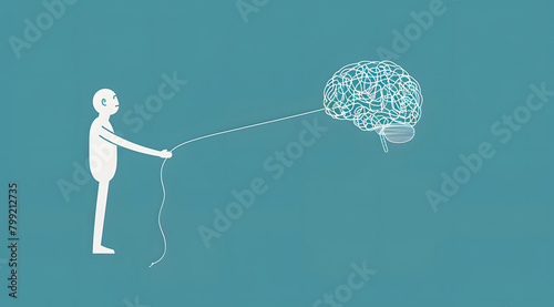 The Art of problem solving, human pulling string from brain, pastel blue brainstorm critical thinking photo