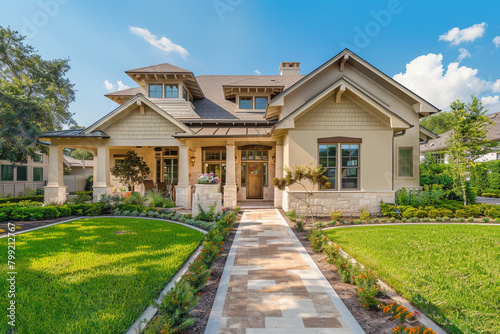 An elegant craftsman cottage style house in warm beige, with a triple pitched roof, meticulously designed front yard, and inviting pathway, reflecting a modern and cozy home atmosphere. © Sajida